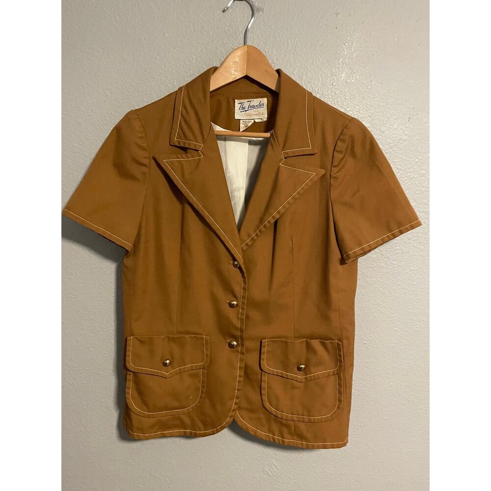Vintage The Traveler Blazer Jacket Womens Medium Brown Short Sleeve Safari 70s